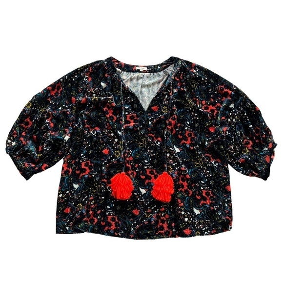 Manoush Velour Velvet Paisley Floral Drawstring Pom Oversized Blouse Size 38 - Picture 1 of 11